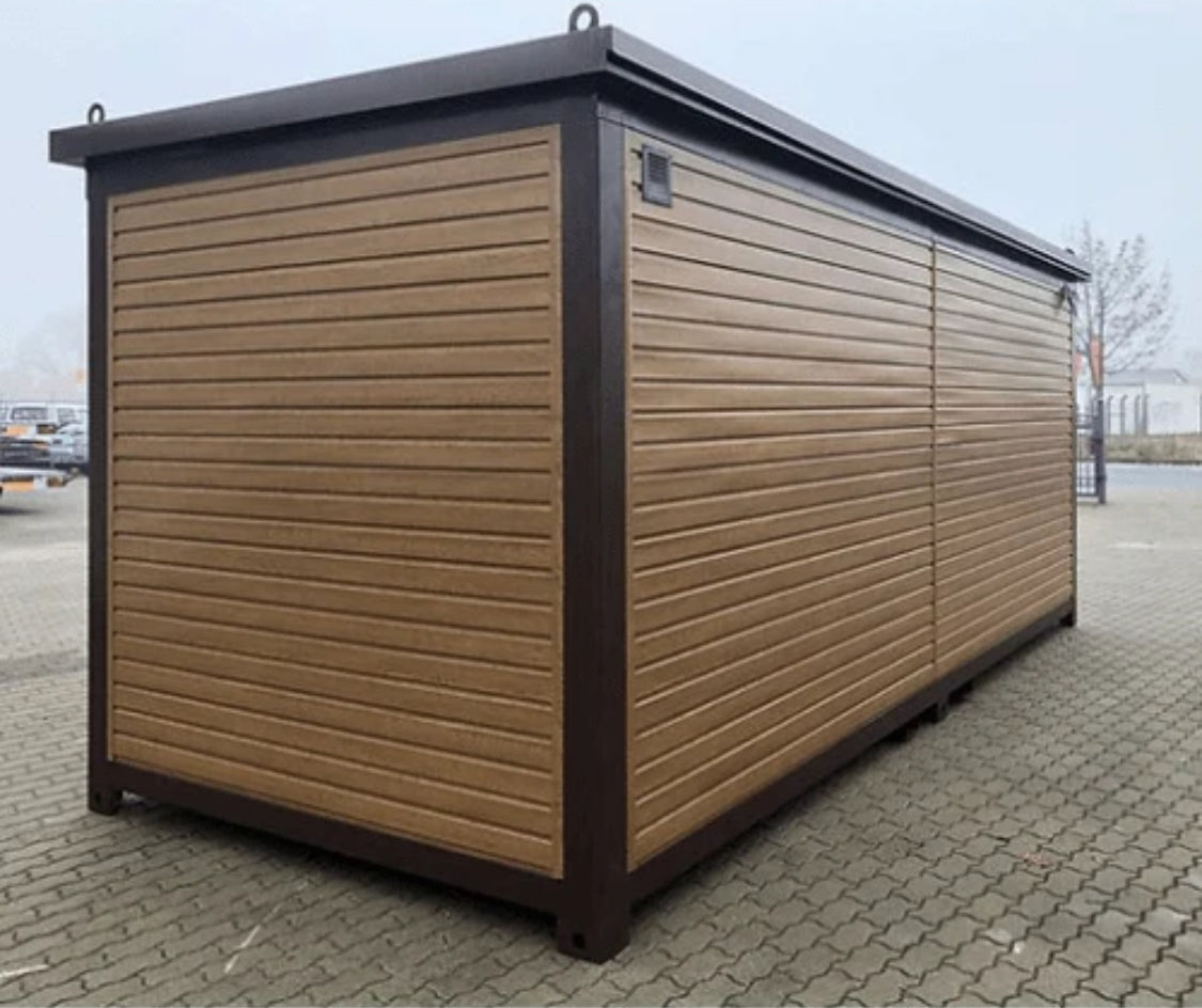 Oficina contenedor de 6 x 2,40 m, acabado madera