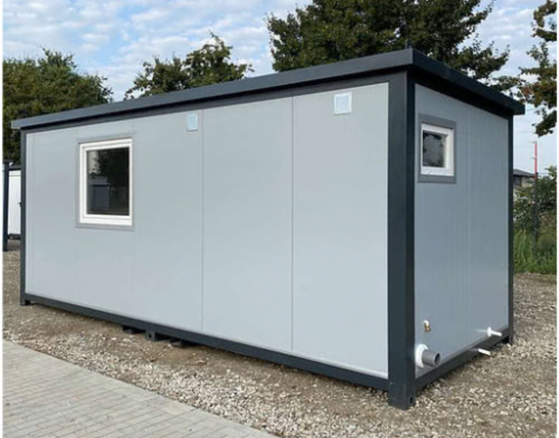 Oficina modular de 6,00 x 2,40 m con baño, ducha y cocina